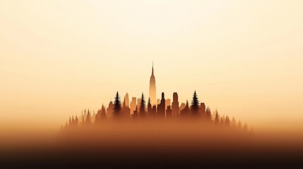 Naklejka premium A serene skyline silhouetted against a soft orange horizon, presenting an enchanting view of nature and architecture merging harmoniously.