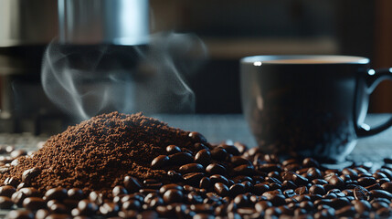 Close-up of freshly ground coffee beans next to a