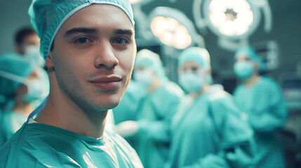 confident male surgeon in green scrubs stands in operating room, surrounded by team of medical professionals. atmosphere is focused and professional, highlighting importance of teamwork in surgery
