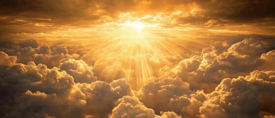 Heavenly golden light streaming through clouds