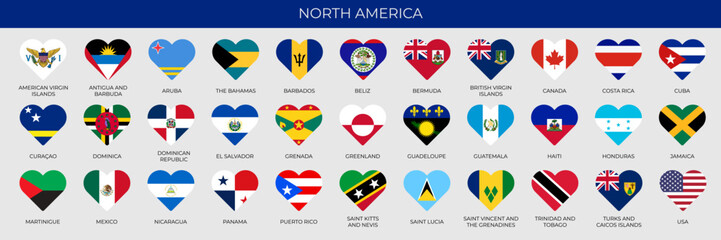 Set of heart shape flags of North American countries in alphabetical order. Vector illustration