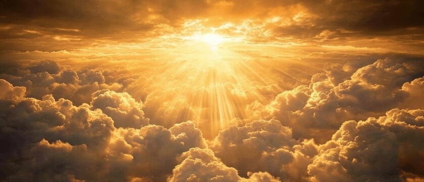 Heavenly golden light streaming through clouds