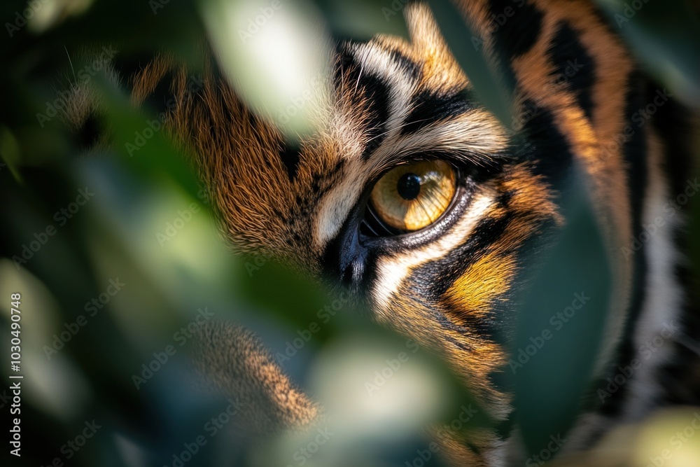 Wall mural A close-up of a tiger's eye peering through foliage, showcasing its striking features.