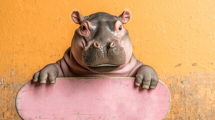 A cute baby hippo poses with a pink skateboard against a warm orange background.