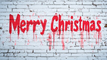 A festive Merry Christmas message painted in bright red letters on a rustic white brick wall.