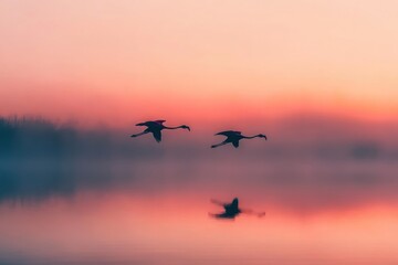 Two flamingos flying over a serene lake at sunrise, reflecting the soft colors of dawn.