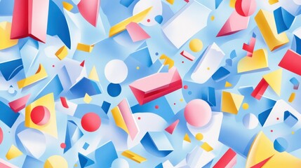 Abstract design featuring colorful geometric shapes on a blue background.