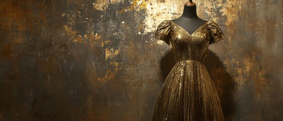 Shimmering gold evening gown on dress form