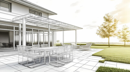 Wireframe rendering of a building in 3D. Done view hard landscaping, new luxury stone patio and garden of English home. Idea for an abstract construction graphic
