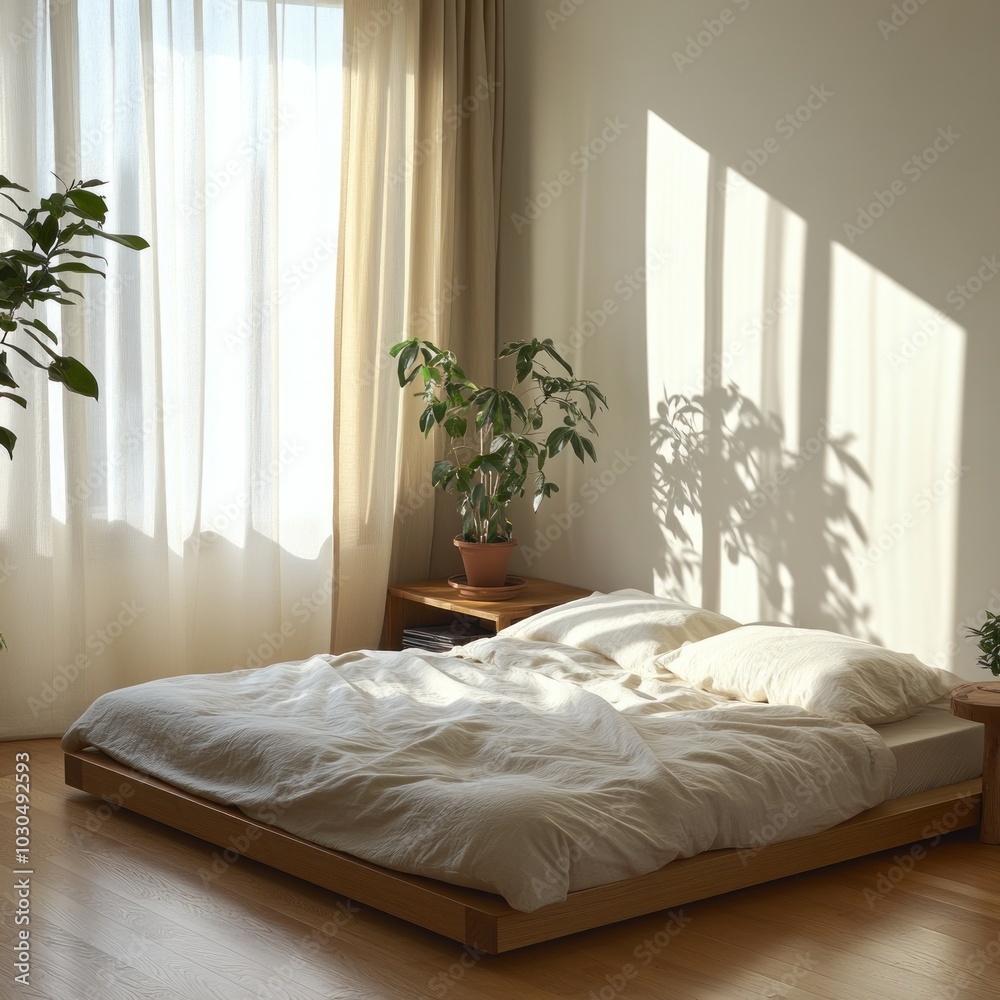 Canvas Prints A serene bedroom with natural light, plants, and a minimalist bed setup.