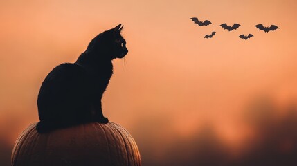 A silhouette of a cat sitting on a pumpkin at sunset, while bats fly in the background, creating a mysterious, Halloween-like atmosphere.