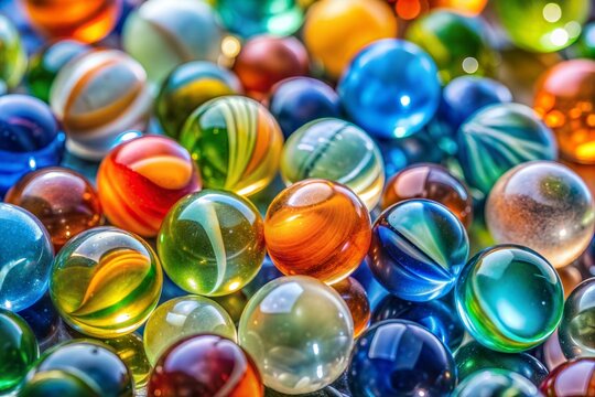 Colorful marbles close-up with glass texture and intricate patterns