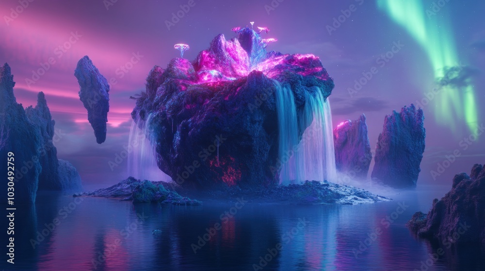 Poster A surreal landscape featuring a floating island with waterfalls and vibrant auroras.