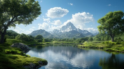 A tranquil landscape featuring a serene lake, lush greenery, majestic mountains, and a bright blue sky with fluffy clouds.
