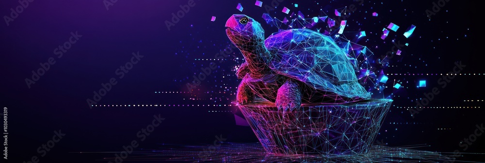 Poster A digital turtle emerging from a geometric shell, showcasing a blend of technology and nature.