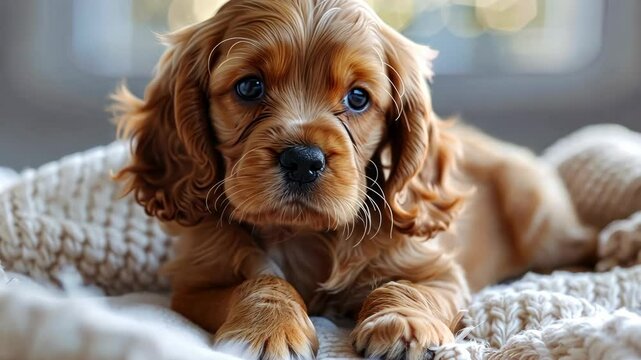 A small, brown puppy rests on a white knitted blanket