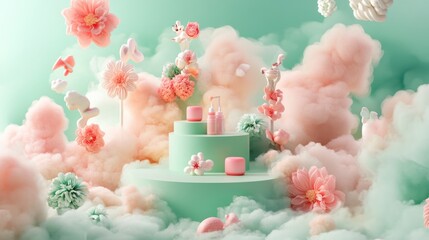 A whimsical display of beauty products surrounded by pastel flowers and soft clouds.