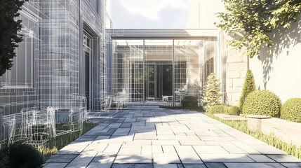 Fototapeta premium Wireframe rendering of a building in 3D. Done view hard landscaping, new luxury stone patio and garden of English home. Idea for an abstract construction graphic