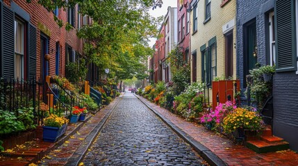 Obraz premium Cobblestone Street in a Quaint Neighborhood