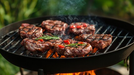 Grilled Meat on Barbecue with Aromatic Herbs