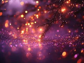 Naklejka premium Enchanted Twilight: A Symphony of Sparkling Lights Dancing Among Ethereal Branches in a Violet Dreamscape
