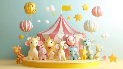 Obraz premium A whimsical circus scene featuring adorable animal figurines and colorful decorations.