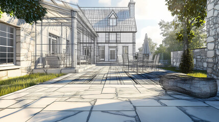 Fototapeta premium Wireframe rendering of a building in 3D. Done view hard landscaping, new luxury stone patio and garden of English home. Idea for an abstract construction graphic