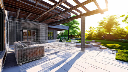 Fototapeta premium Wireframe rendering of a building in 3D. Done view hard landscaping, new luxury stone patio and garden of English home. Idea for an abstract construction graphic
