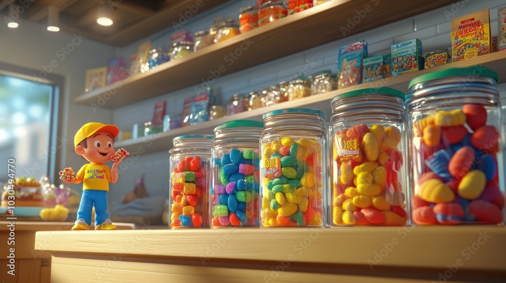 Poster A colorful candy shop display featuring jars of sweets and a cheerful character.