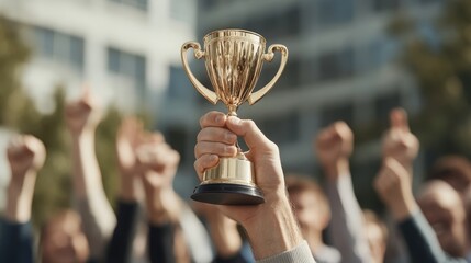 Hands holding a victory trophy with polished gold details, as a crowd of people claps and cheers in the distance