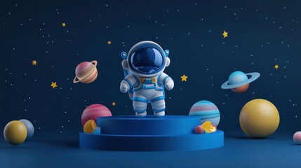 A whimsical astronaut figure surrounded by colorful planets against a starry background.