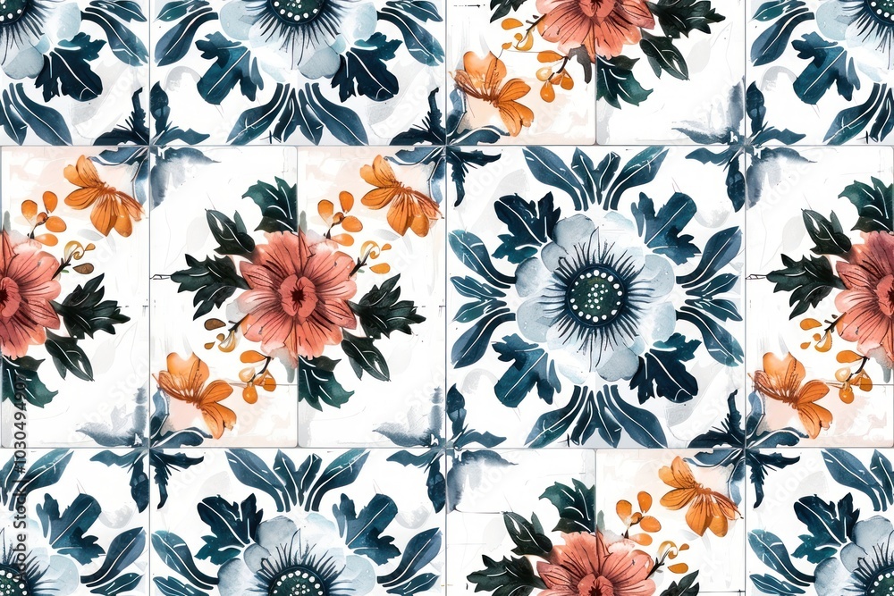 Wall mural Tiles of flowers pattern backgrounds plant art.