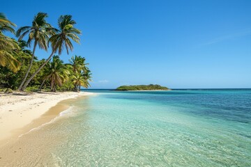 A beautiful beach in the Caribbean with palm trees and clear water, white sand, a small island off to one side of it, clear blue sky, a tropical vibe.