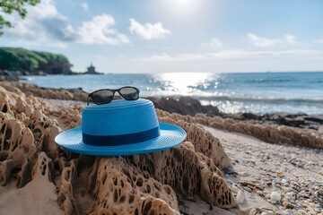 Straw hat and sunglasses rest on beach rocks, serene ocean scene