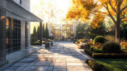 Obraz premium Wireframe rendering of a building in 3D. Done view hard landscaping, new luxury stone patio and garden of English home. Idea for an abstract construction graphic