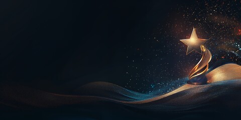 A golden star-shaped trophy sits on a dark background with glitter. Success and achievement.