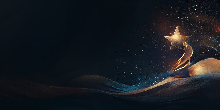 A golden star-shaped trophy sits on a dark background with glitter. Success and achievement.