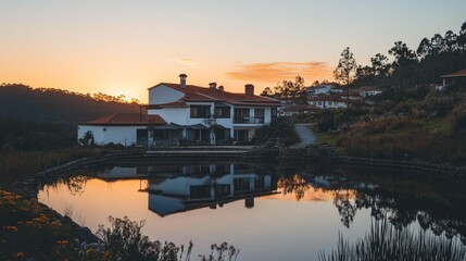 Fototapeta premium A serene sunset view of a modern house reflecting in a tranquil pond.