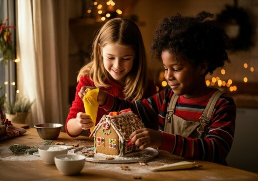 Two smiling children carefully decorating a gingerbread house with frosting and candy