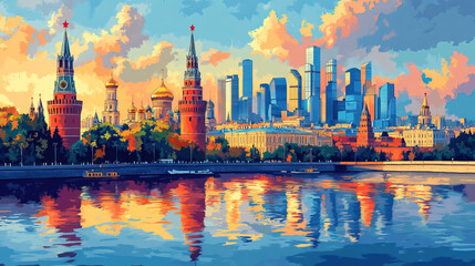 Obraz premium Moscow, classic traditional wood block print effect. Woodblock printing. Graphic designed, illustration for travel poster, card, wallpaper, backdrop or banner. Modern, trendy