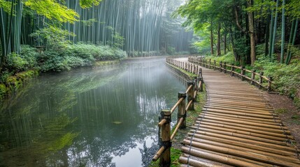 Obraz premium A serene pathway through a bamboo forest beside a calm river, enveloped in mist.