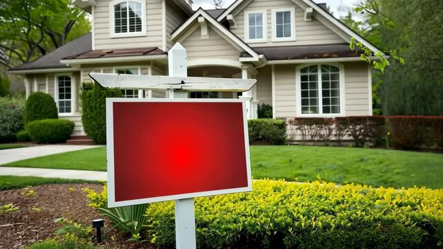 Empty Board Sign for Text. House for Sale with Red Blank Real Estate Sign in Front Yard, White Fence, Green Lawn, Spring Trees, and Sunny Sky