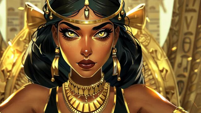 A regal queen with dark hair and golden eyes sits on a throne adorned with intricate carvings