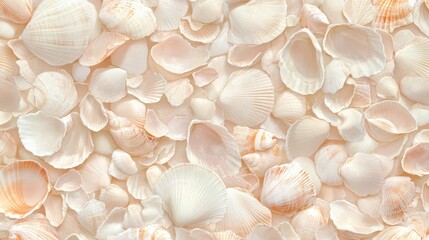 A close-up view of various pale seashells arranged together on a light background.