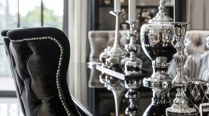 A traditional dining room with a touch of glamour featuring a glossy black lacquer dining table luxurious velvet chairs and a display of vintage silver candlesticks.