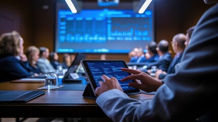 A professional business meeting with participants engaged and using digital devices to enhance collaboration.