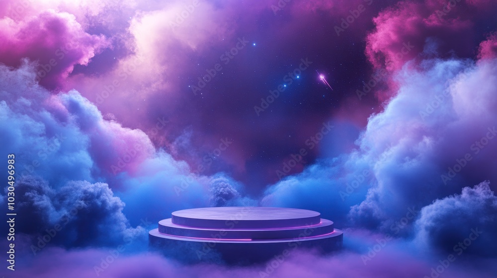 Wall mural a vibrant cosmic scene with colorful clouds surrounding a circular platform.