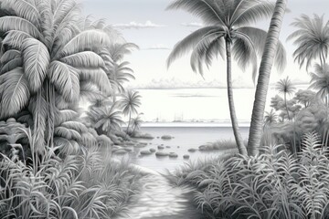 Illustration of a tropical landscape outdoors tropics.