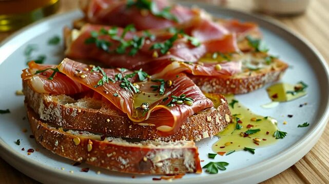 A plate of toasted bread topped with thinly sliced prosciutto, parsley, and olive oil
