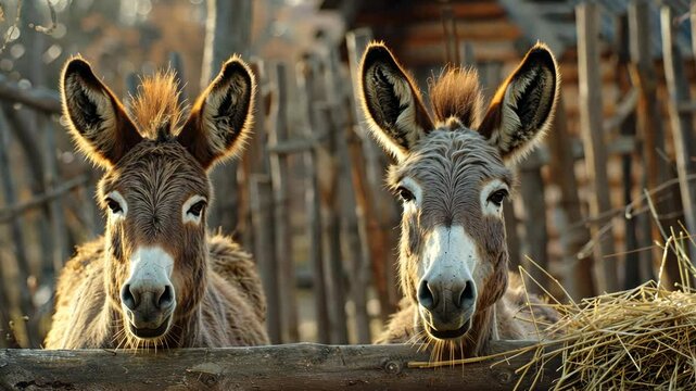 Two donkeys look at the camera from behind a wooden fence on a sunny day
